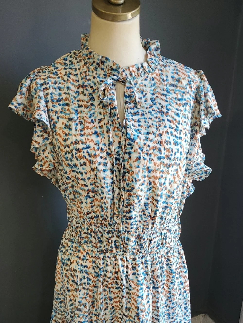 Glamour Blue and Cream Ruffle Sleeve Maxi Dress - Picture 3 of 13